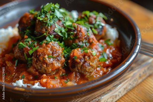 A dish of soutzoukakia, Greek-style meatballs in a rich tomato sauce, served with rice or pasta.  photo