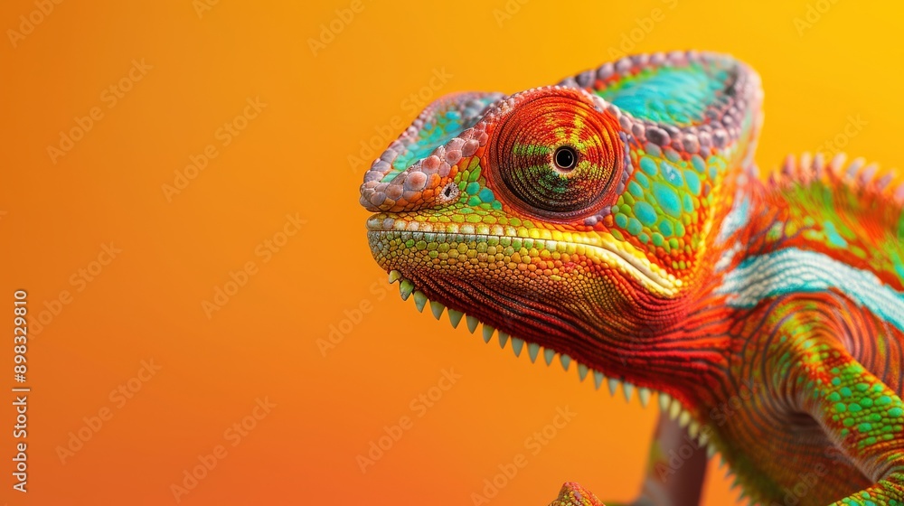 A colorful chameleon with a green head and red and blue body. The chameleon is looking at the camera A colorful chameleon with a green head and red and blue body. The chameleon is looking at the camera