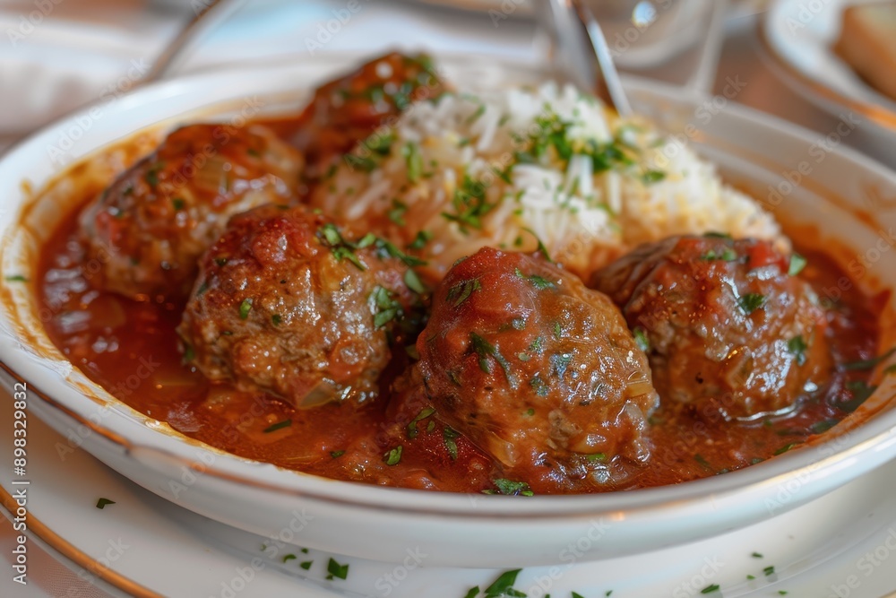 A dish of soutzoukakia, Greek-style meatballs in a rich tomato sauce, served with rice or pasta. A dish of soutzoukakia, Greek-style meatballs in a rich tomato sauce, served with rice or pasta.