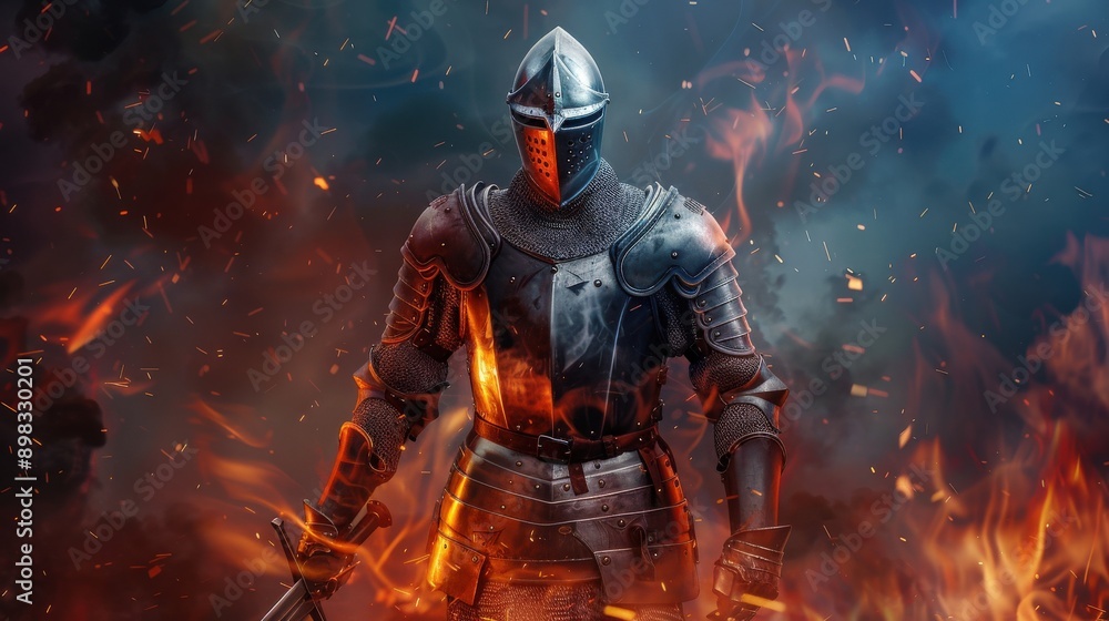 A knight in full armor stands in front of a fire, ready to fight. Concept of danger and bravery, as the knight is prepared to face the flames. The fire adds a dramatic element to the scene A knight in full armor stands in front of a fire, ready to fight. Concept of danger and bravery, as the knight is prepared to face the flames. The fire adds a dramatic element to the scene