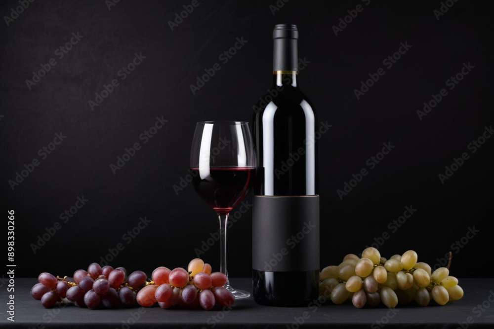 Obraz premium Glass of red wine and bottle and bunch of grape on black background