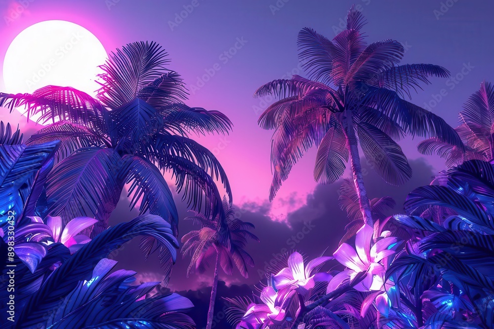 retrofuturistic tropics neonlit palm trees and exotic flowers against deep purple sky 80sinspired color palette glowing outlines create dreamy surreal atmosphere synthwave aesthetic retrofuturistic tropics neonlit palm trees and exotic flowers against deep purple sky 80sinspired color palette glowing outlines create dreamy surreal atmosphere synthwave aesthetic