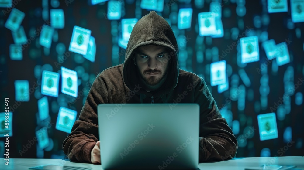 A man is sitting at a desk with a laptop in front of him. He is wearing a hoodie and he is focused on his computer. The image has a dark and mysterious mood, with the man's hoodie A man is sitting at a desk with a laptop in front of him. He is wearing a hoodie and he is focused on his computer. The image has a dark and mysterious mood, with the man's hoodie
