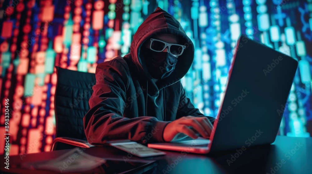 A man in a hoodie is typing on a laptop in front of a colorful background. Concept of mystery and intrigue, as the man is working on something secretive or clandestine A man in a hoodie is typing on a laptop in front of a colorful background. Concept of mystery and intrigue, as the man is working on something secretive or clandestine