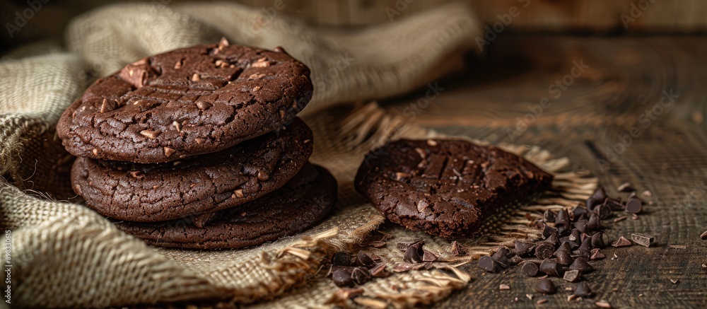 Chocolate cookies displayed on a wooden table against a textile background with space for additional images Chocolate cookies displayed on a wooden table against a textile background with space for additional images