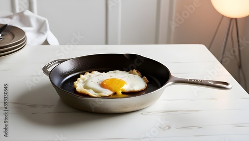A crispy golden brown fried egg with a runny yolk.generative.ai 