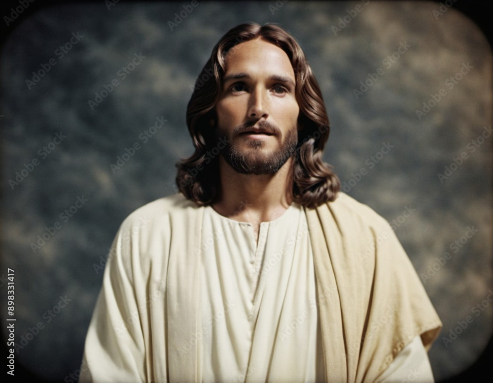 Portrait of a Man Dressed as Jesus. White robe. Long brown hair and beard. Man appears to be in his early 30s, and he has a serious expression on his face. Christian religion and faith. AI generated Portrait of a Man Dressed as Jesus. White robe. Long brown hair and beard. Man appears to be in his early 30s, and he has a serious expression on his face. Christian religion and faith. AI generated