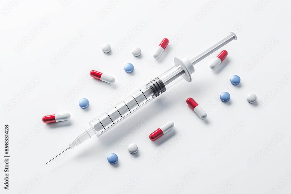 A syringe is placed on a white background surrounded by colorful pills and capsules. A syringe is placed on a white background surrounded by colorful pills and capsules.