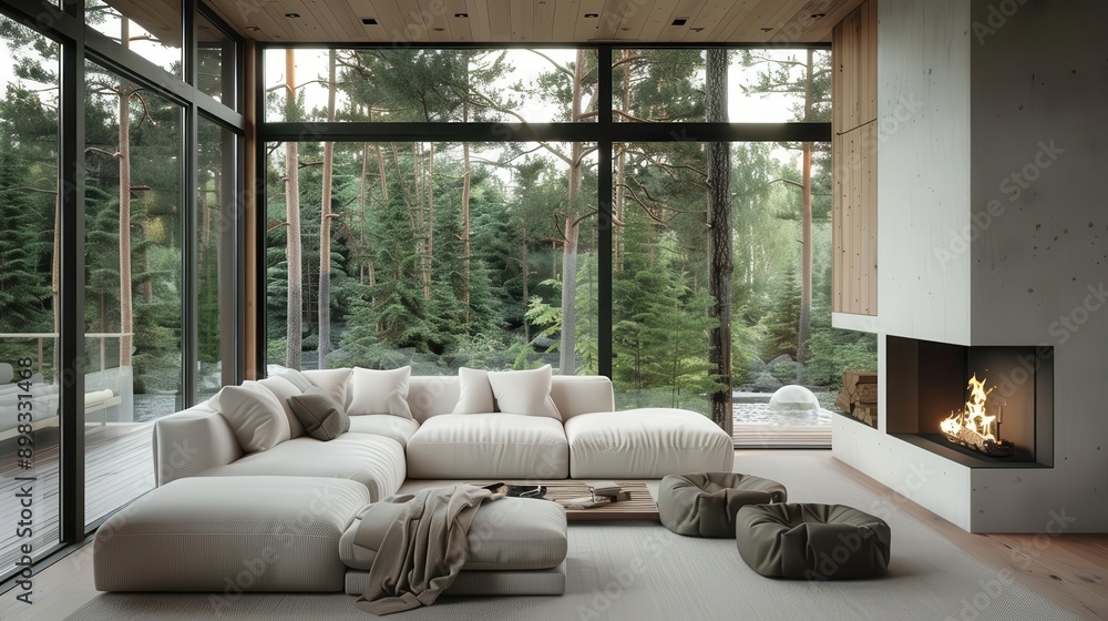 scandinavian living space minimalist white corner sofa near sleek fireplace natural wood accents large windows with nature view hygge atmosphere scandinavian living space minimalist white corner sofa near sleek fireplace natural wood accents large windows with nature view hygge atmosphere