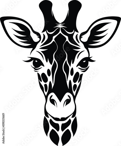 Black and white silhouette of a giraffe head