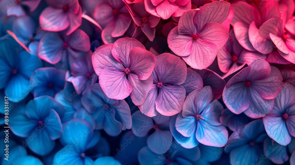 A tight shot of a bouquet, featuring pink and blue blooms at its core Central are a pink and blue flower each A tight shot of a bouquet, featuring pink and blue blooms at its core Central are a pink and blue flower each