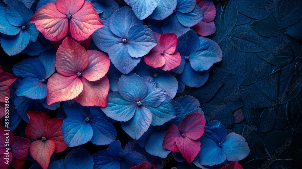 A tight shot of a flower cluster, featuring blue, red, and pink blooms at its heart A tight shot of a flower cluster, featuring blue, red, and pink blooms at its heart