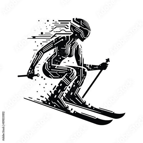 Skiing  female player in cyberpunk pattern illustration, emblem shield badge