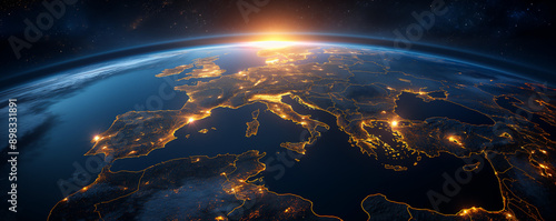Map of the Europe continent with glowing lights in yellow and orange, representing bustling city activity at night, with Earth's blue surface in background.