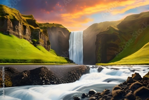 Gorgeous evening view of Skogafoss Waterfall. Beautiful summer landscape of Skoga river. Amazing outdoor scene of Iceland, Europe. Generative AI photo