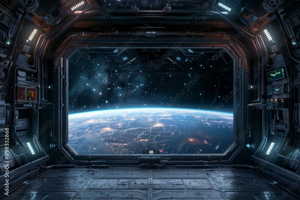 Space Station Window. A frame of futuristic metal and glass, with blinking lights and control panels. The center is a vast, black expanse of space with distant stars and planets Space Station Window. A frame of futuristic metal and glass, with blinking lights and control panels. The center is a vast, black expanse of space with distant stars and planets
