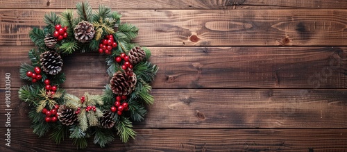 Christmas wreath on a wooden background with copy space image