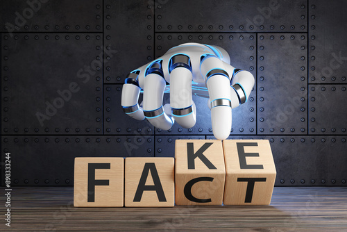 White robotic hand turning 2 wooden blocks revealing the words FACT and FAKE. Illustration of the concept of information accuracy of artificial intelligence and the fact check of AI content