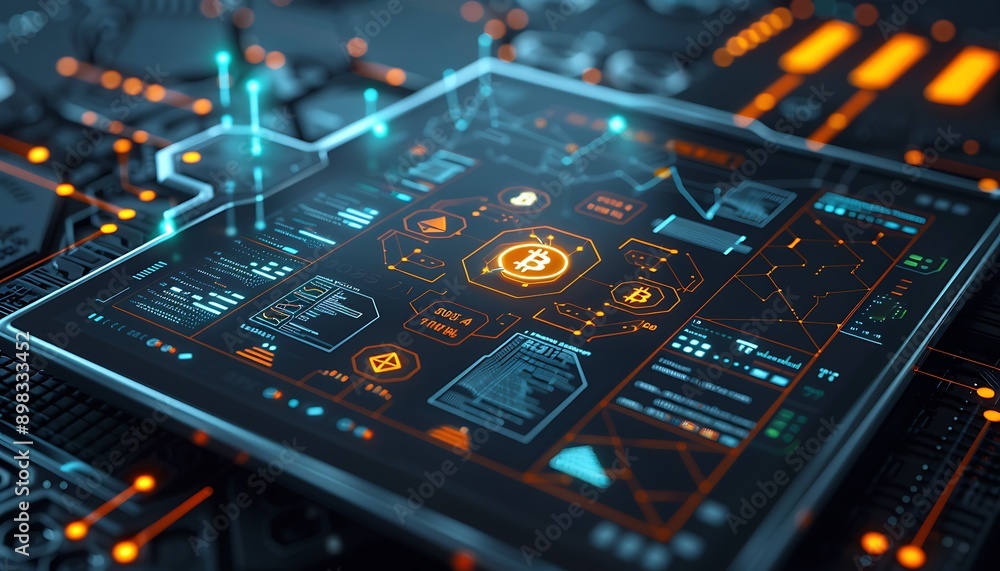 A detailed view of a blockchain ledger interface on a digital tablet, with glowing data encryption symbols and advanced analytics, isolated against a dark backdrop. A detailed view of a blockchain ledger interface on a digital tablet, with glowing data encryption symbols and advanced analytics, isolated against a dark backdrop.