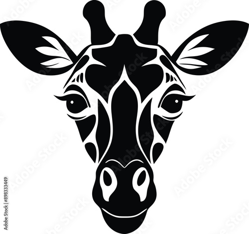 Black and white silhouette of a giraffe head
