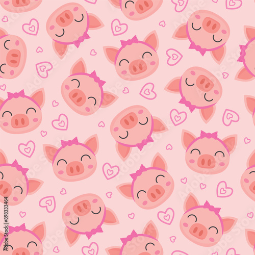 cartoon cute female pig smiling seamless pattern with transparent background
