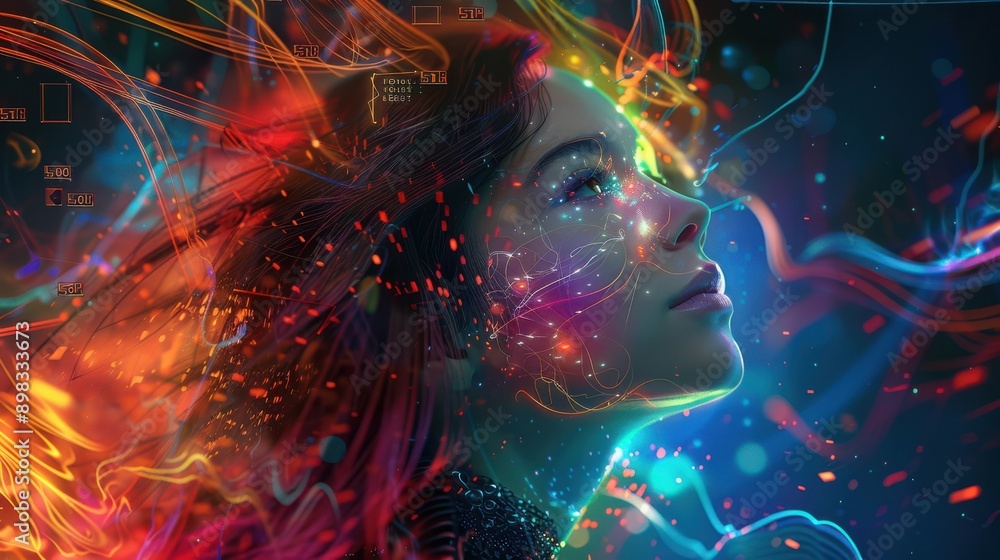 Enigmatic woman with rainbow hair and cosmic energy on a blurry dark background Enigmatic woman with rainbow hair and cosmic energy on a blurry dark background