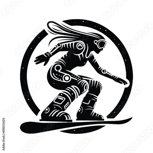 Snowboarding  female player in cyberpunk pattern illustration, emblem shield badge
