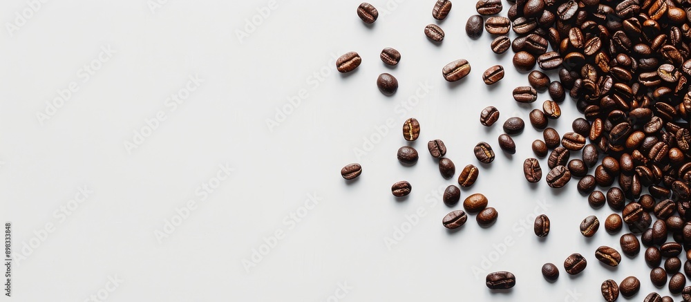 Coffee grains seen in a copy space image on a white surface Coffee grains seen in a copy space image on a white surface
