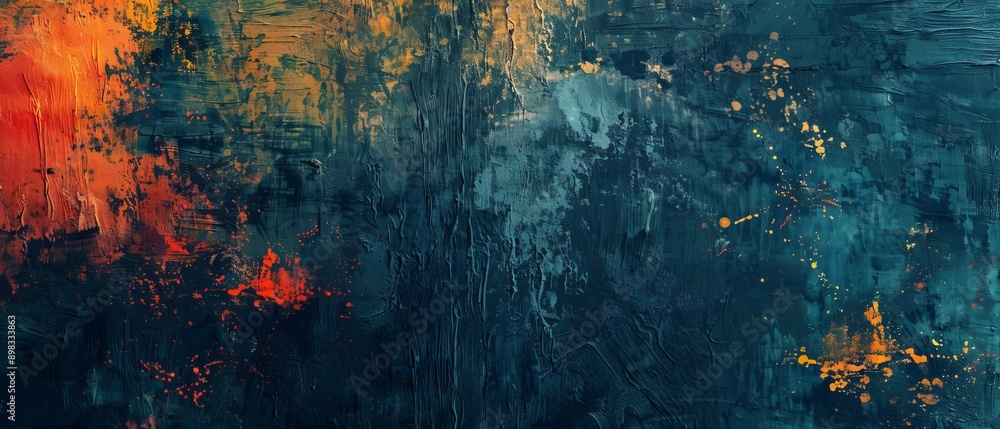 A painting of a wall with splatters of paint and a blue background A painting of a wall with splatters of paint and a blue background