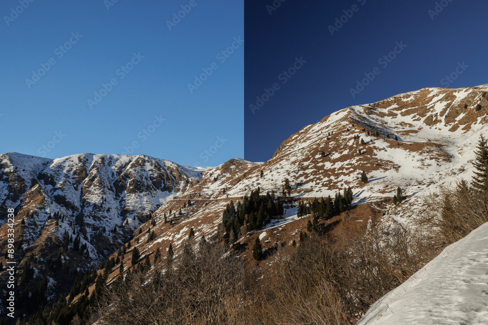 composizione fotografica che mostra lo stesso ambiente naturale di montagna innevato, di giorno, in inverno, diviso a metà, per mostrare la differenza tra un'immagine polarizzata e non