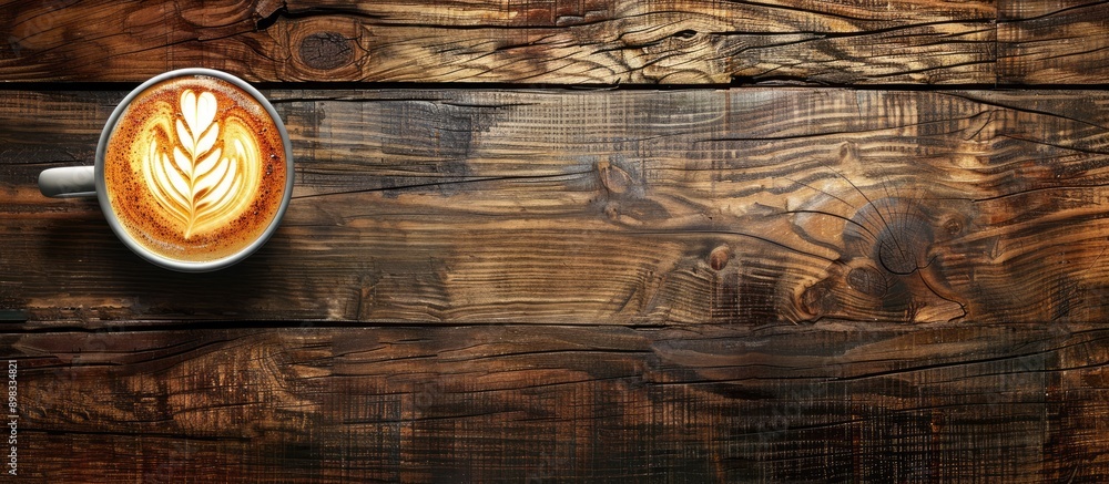 An artistic latte in a coffee cup on a rustic wooden surface with space for additional image content An artistic latte in a coffee cup on a rustic wooden surface with space for additional image content