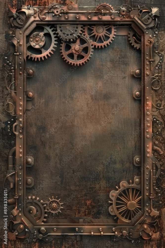 Steampunk Gear frame made of bronze and brass gears, cogs, and pipes with a vintage industrial look. The center is a blank, metallic surface with a slight tarnished effect. Steampunk Gear frame made of bronze and brass gears, cogs, and pipes with a vintage industrial look. The center is a blank, metallic surface with a slight tarnished effect.