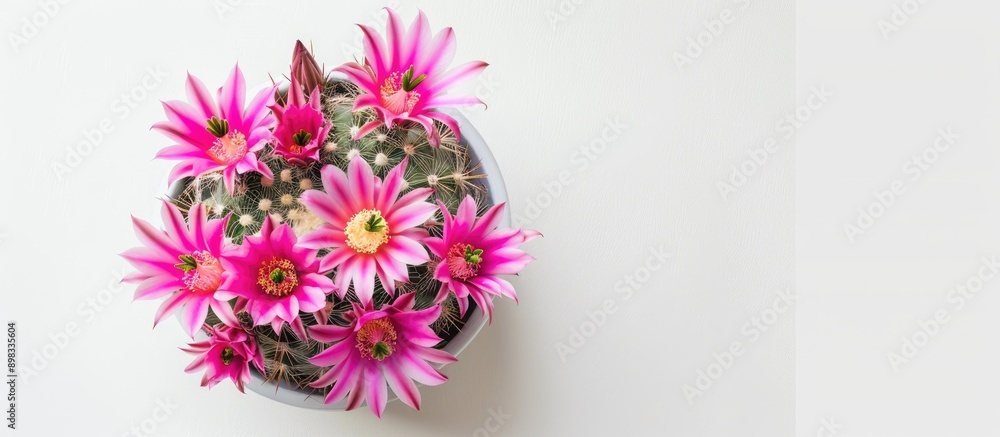Close up top view of pink cactus flowers in a pot on a white background with copy space image Close up top view of pink cactus flowers in a pot on a white background with copy space image