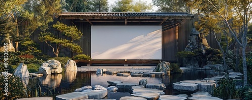 Outdoor movie screen surrounded by lush greenery.