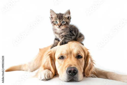 Cute Kitten Sitting on Golden Retriever Puppy