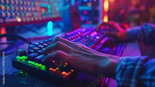 image of hands on a mechanical keyboard with RGB lighting, a modern office background,