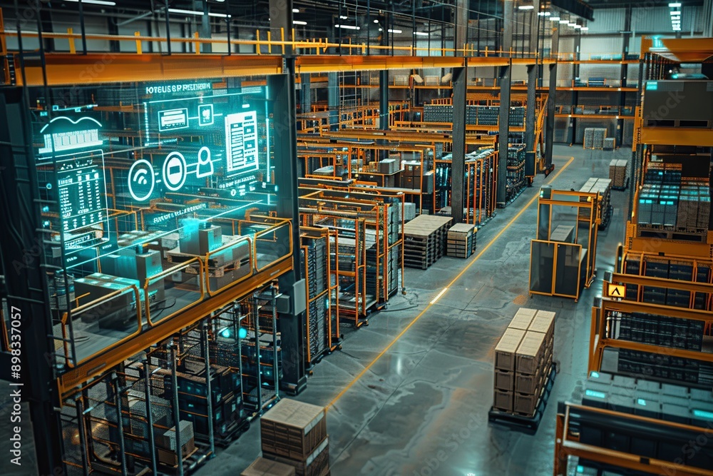 Illustrating a sophisticated warehouse setup, this image features interconnected IoT devices that enable seamless information flow and support predictive maintenance, ensuring efficient operations. Illustrating a sophisticated warehouse setup, this image features interconnected IoT devices that enable seamless information flow and support predictive maintenance, ensuring efficient operations.