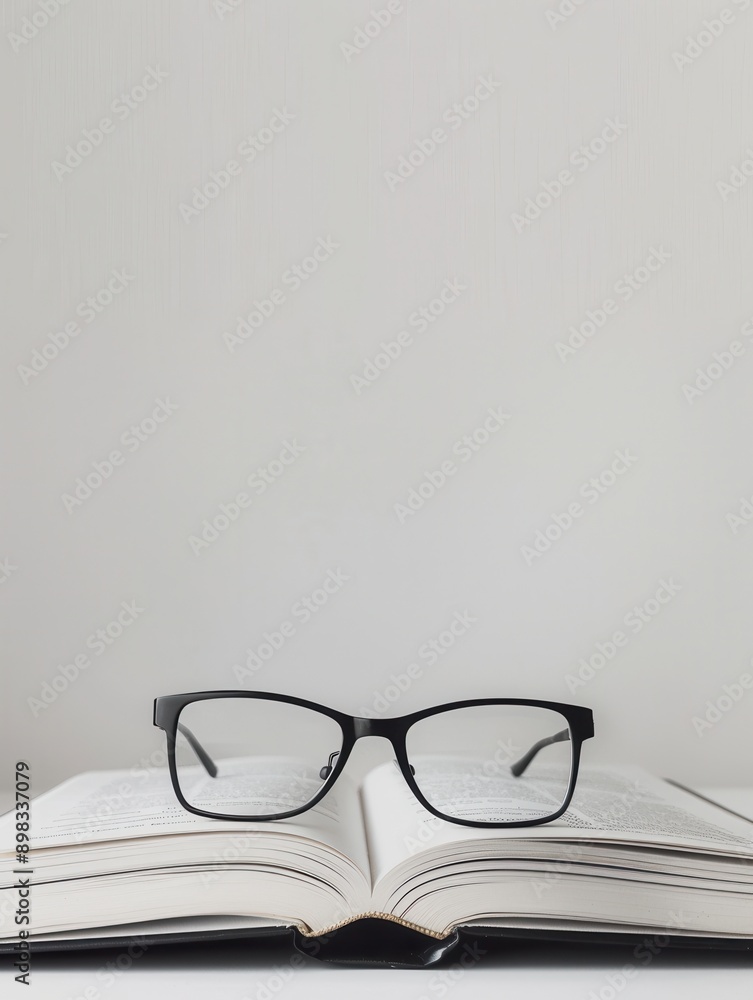 A black-framed pair of glasses rests on top of an open book, ready for reading. Generative AI A black-framed pair of glasses rests on top of an open book, ready for reading. Generative AI