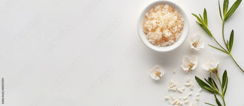 Top view of a body scrub on a white backdrop offers ample copy space image Top view of a body scrub on a white backdrop offers ample copy space image