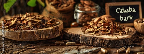 Catuaba bark in supplement capsules. Selective focus. photo