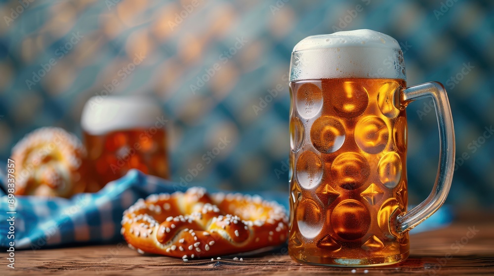 Two beer mugs with pretzels on a Bavarian fuzzy background Two beer mugs with pretzels on a Bavarian fuzzy background