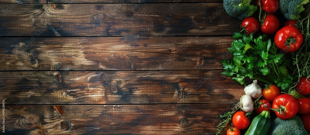 Aerial view of fresh vegetables on a rustic wooden backdrop symbolizing a wholesome vegetarian diet with copy space for text or image Aerial view of fresh vegetables on a rustic wooden backdrop symbolizing a wholesome vegetarian diet with copy space for text or image