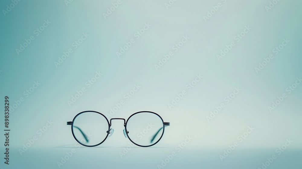 Round, black-framed eyeglasses sit on a light blue surface, with a soft, blurred background. Generative AI Round, black-framed eyeglasses sit on a light blue surface, with a soft, blurred background. Generative AI