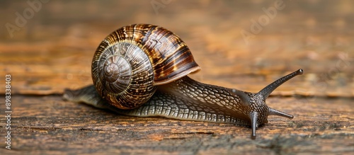 A close up image of a stylommatophora snail on a wooden table gazing at the camera with an isolated background creating space for additional content photo