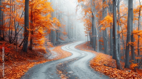  A forest road, flanked by trees shedding yellow and orange foliage on each side © Viktor
