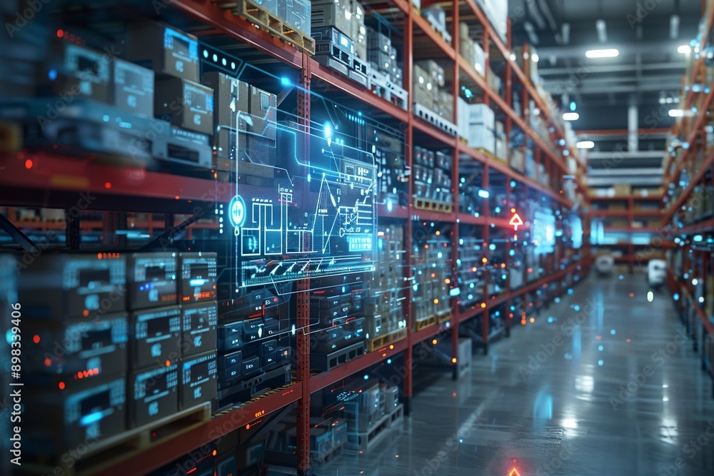 Illustrating a sophisticated warehouse setup, this image features interconnected IoT devices that enable seamless information flow and support predictive maintenance, ensuring efficient operations. Illustrating a sophisticated warehouse setup, this image features interconnected IoT devices that enable seamless information flow and support predictive maintenance, ensuring efficient operations.