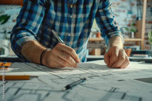 architect working on a building plan project design in an office