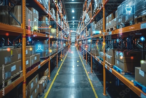 Illustrating a sophisticated warehouse setup, this image features interconnected IoT devices that enable seamless information flow and support predictive maintenance, ensuring efficient operations.