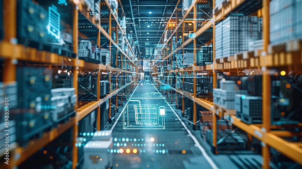Illustrating a sophisticated warehouse setup, this image features interconnected IoT devices that enable seamless information flow and support predictive maintenance, ensuring efficient operations. Illustrating a sophisticated warehouse setup, this image features interconnected IoT devices that enable seamless information flow and support predictive maintenance, ensuring efficient operations.