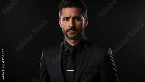 Spainish man with short hair 35 years old dressed in dark business suit. on a clean black background.